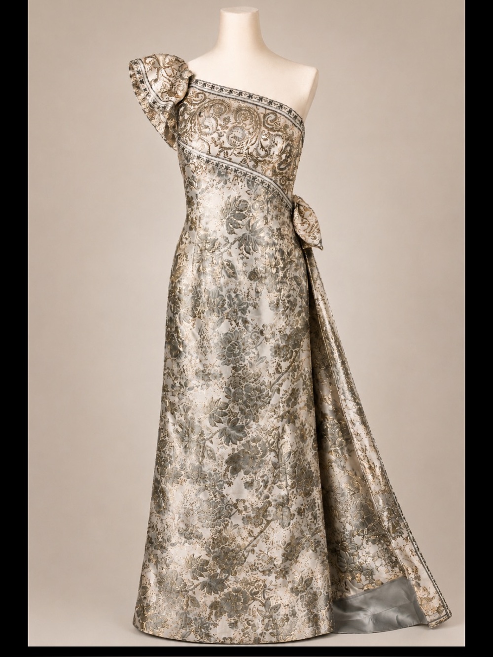 Camille La Vie One-Shoulder Metallic Brocade Gown in Gold and Silver Tones